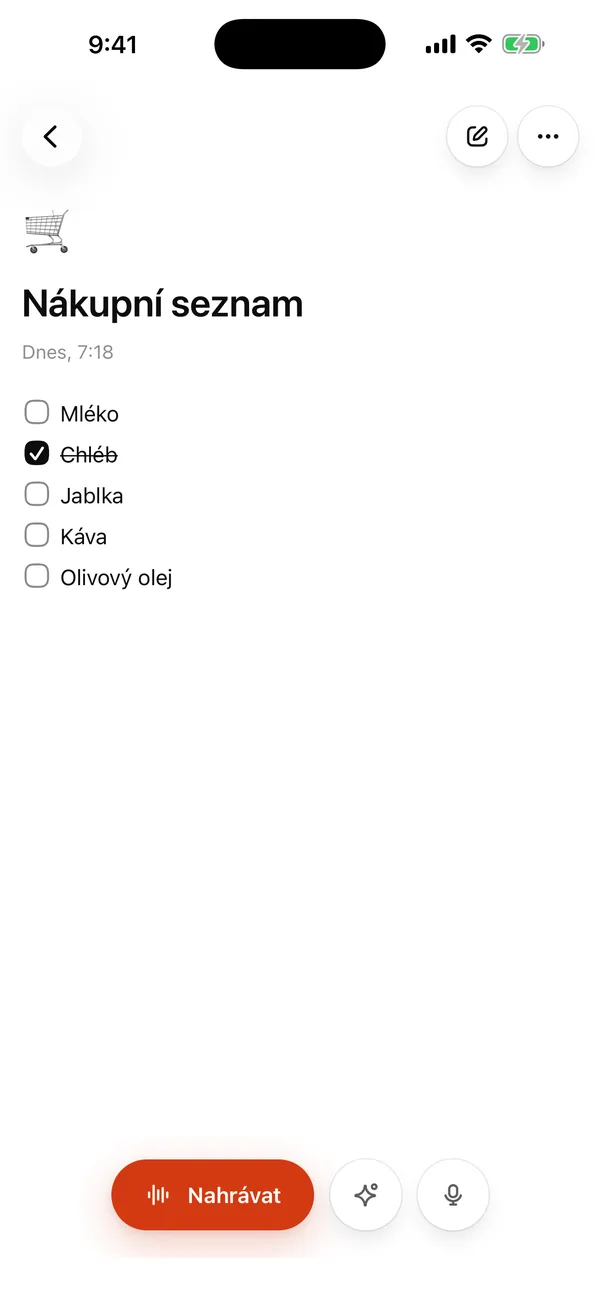 Diktování textu: mluv a text se vloží do poznámky