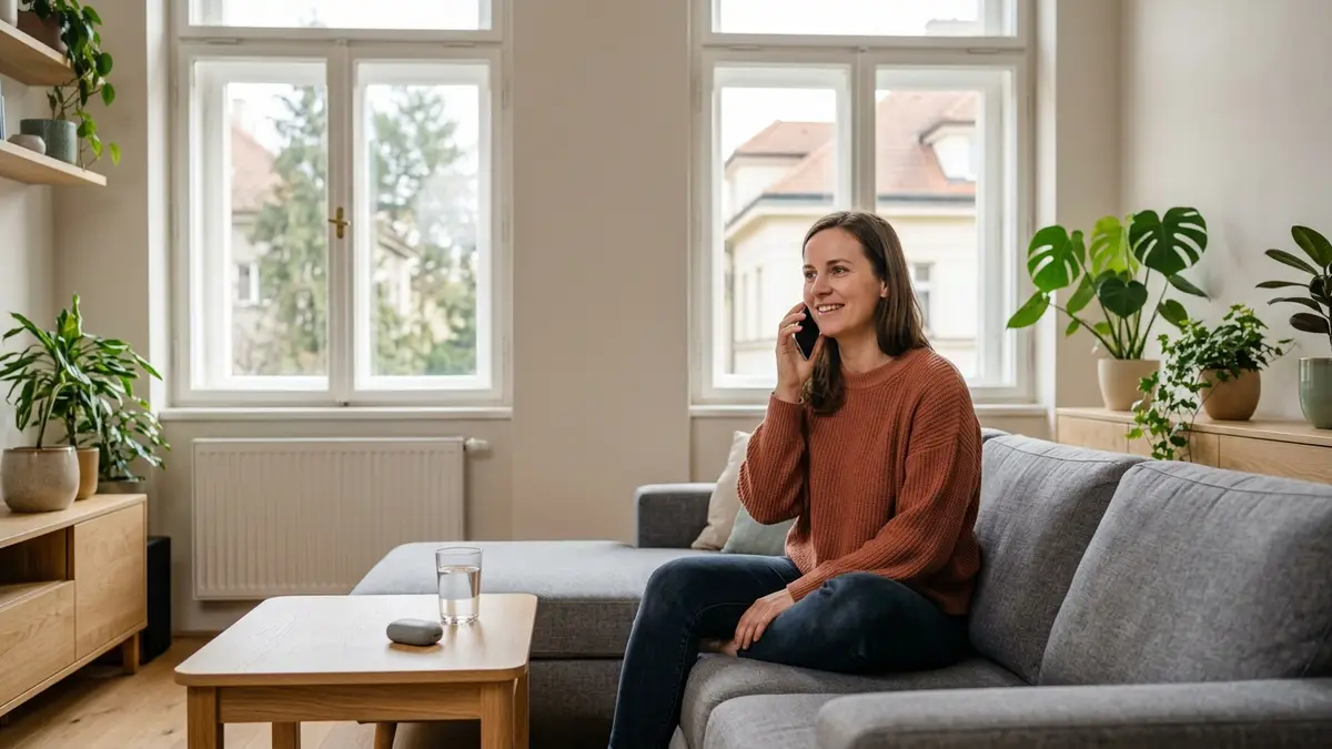 Žena v pražském bytě s velkými okny sedí na pohovce, telefonuje a usmívá se